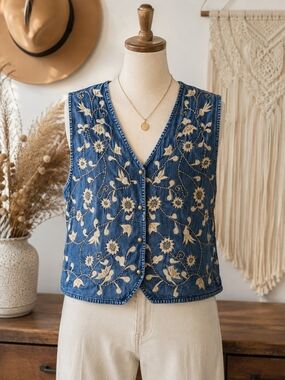 Fashion Bug Embroidered Denim Vest Boho Floral